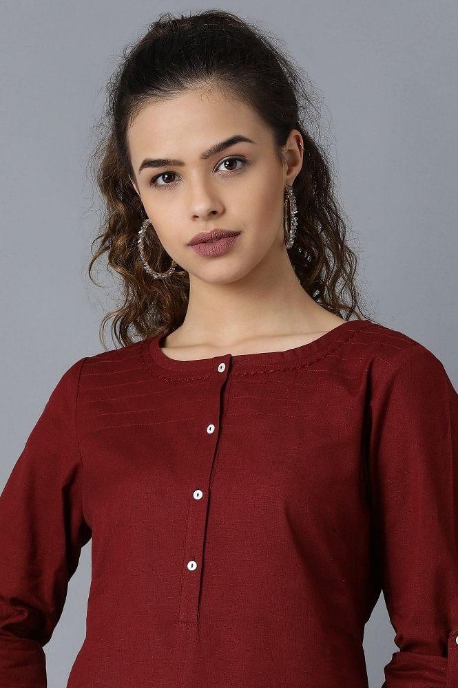 Maroon Round Neck Solid kurta - wforwoman