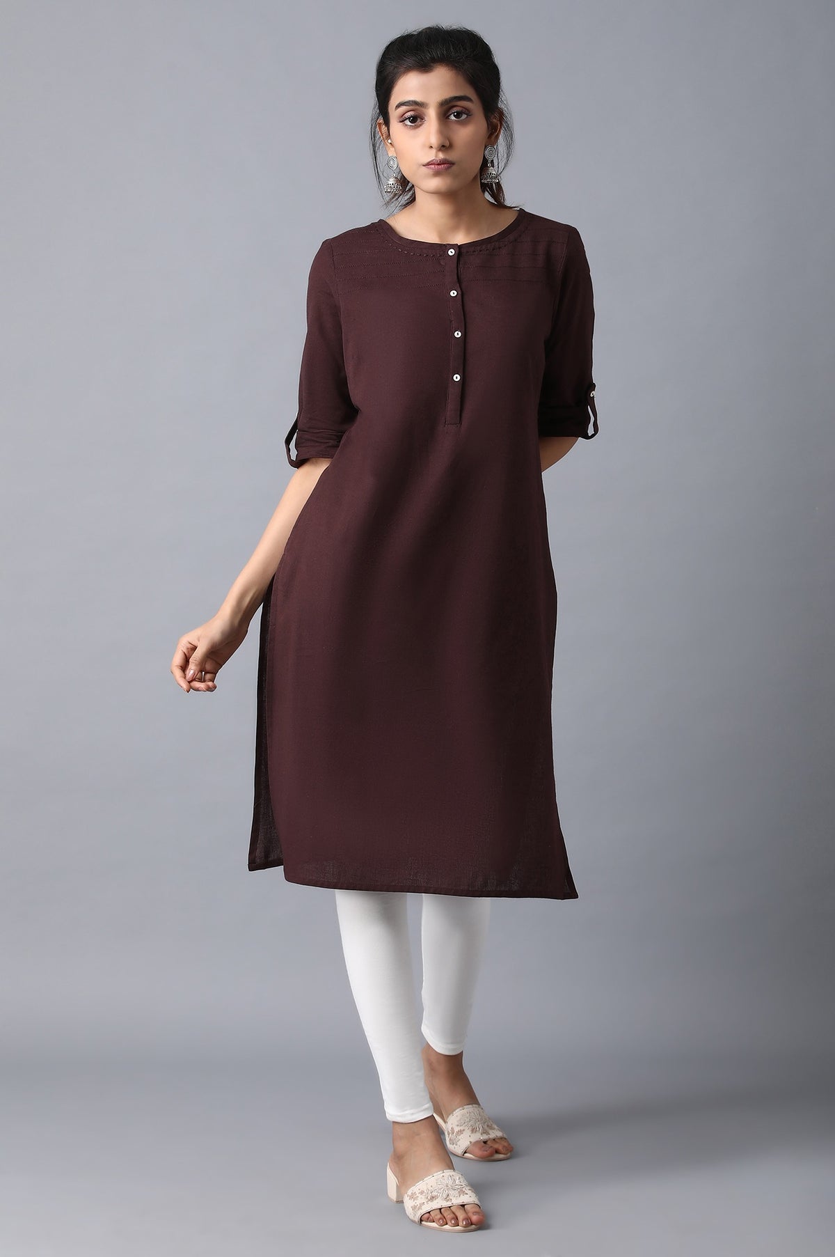 Brown Round Neck Solid kurta - XS