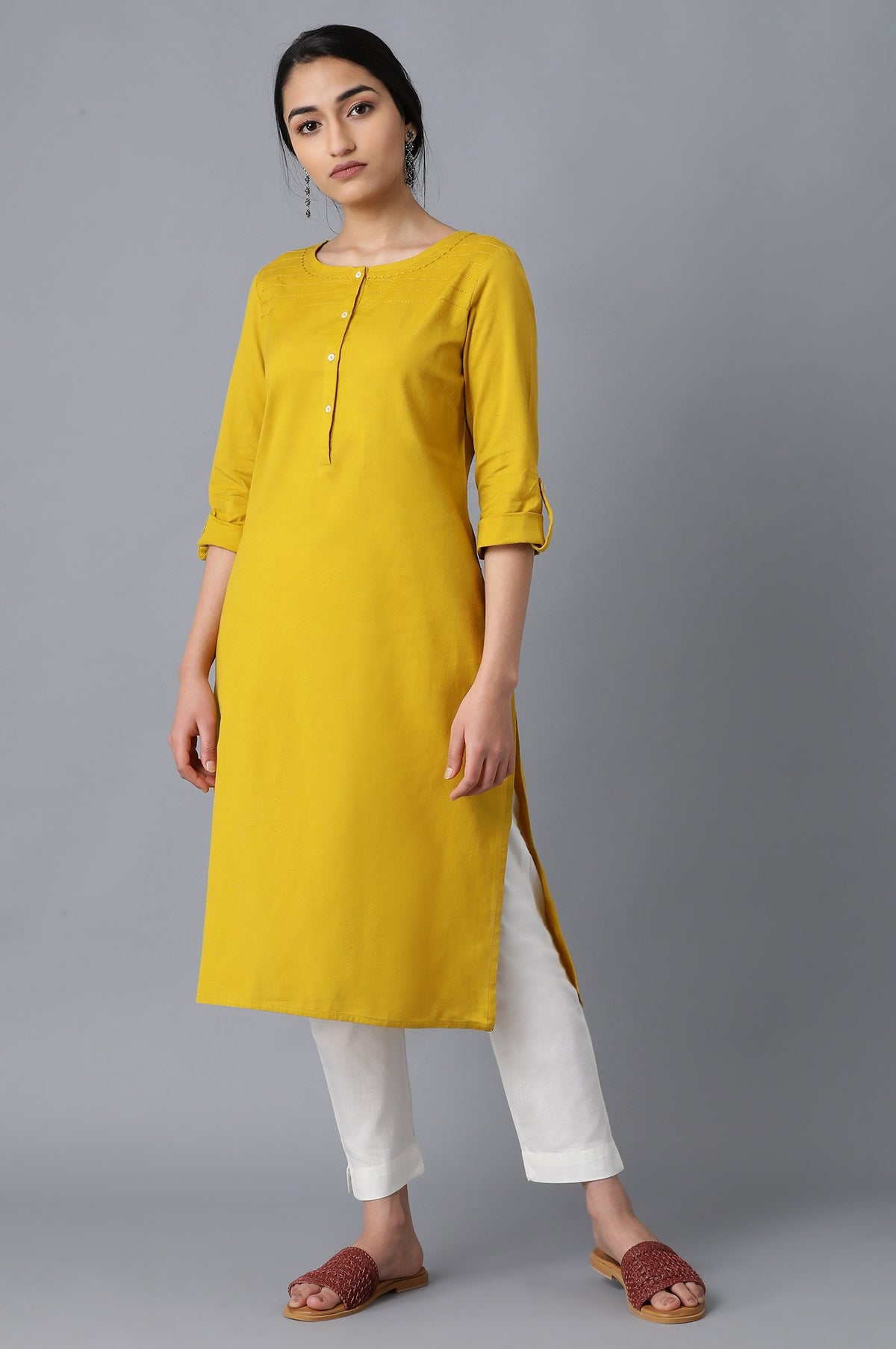 Yellow Round Neck Solid kurta - XS