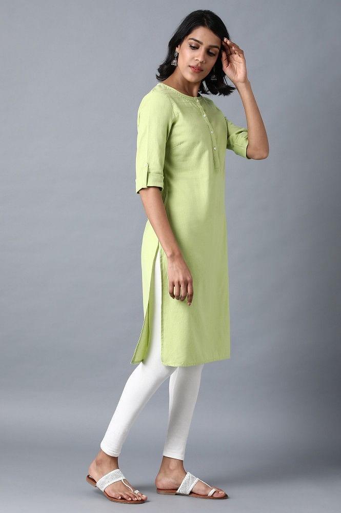 Green Round Neck Solid kurta - wforwoman