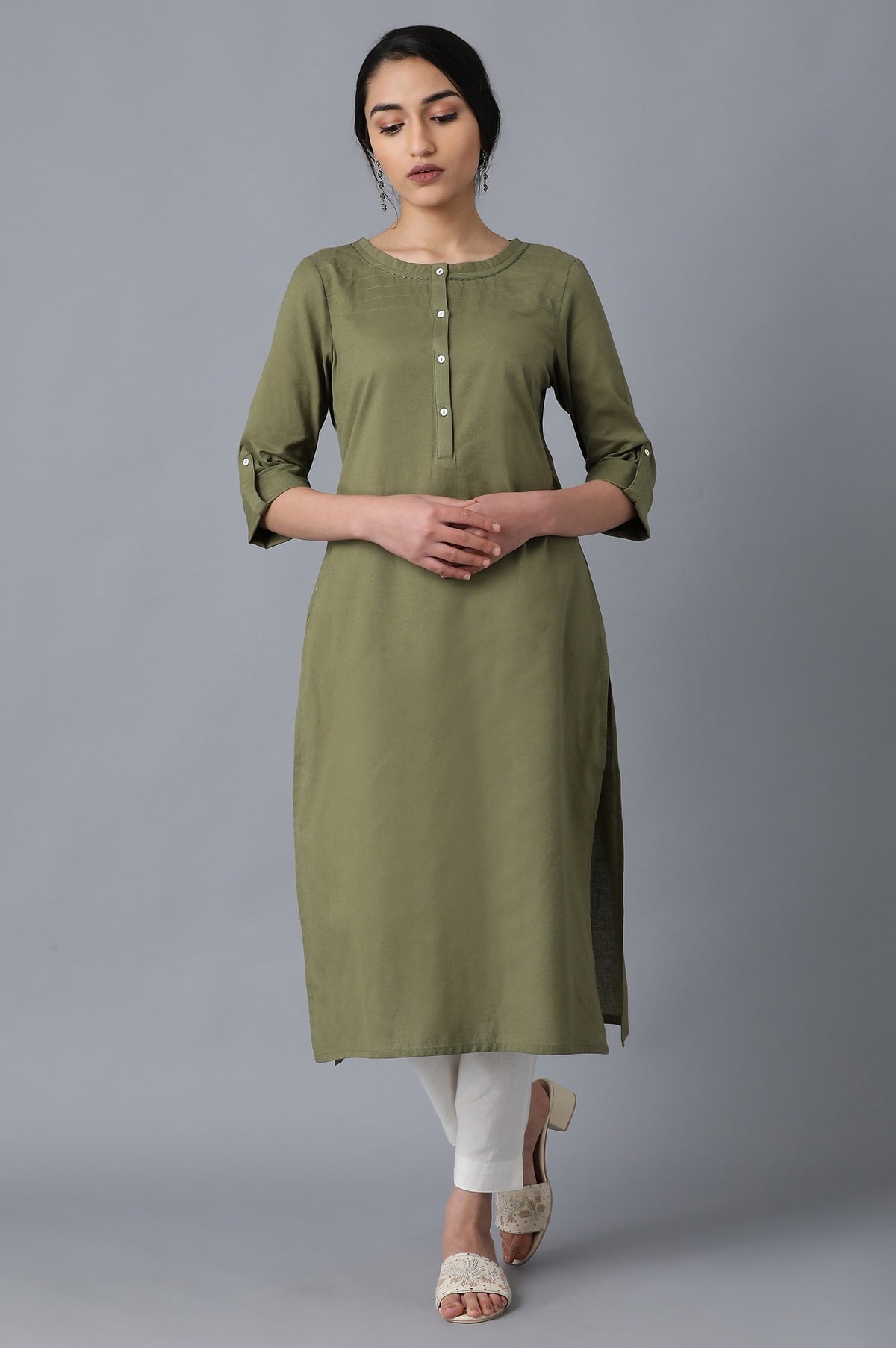 Green Round Neck Solid kurta - XS