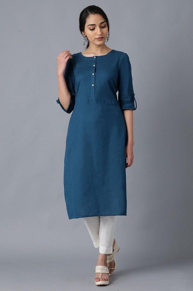 Blue Round Neck Solid kurta - wforwoman