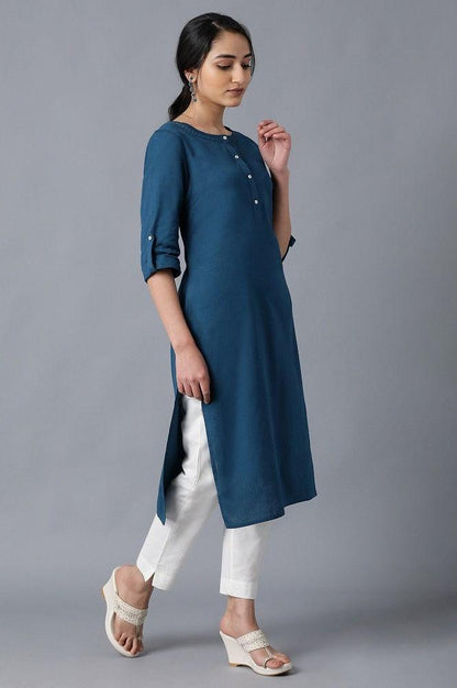 Blue Round Neck Solid kurta - wforwoman
