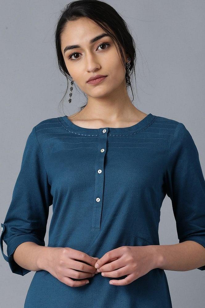 Blue Round Neck Solid kurta - wforwoman