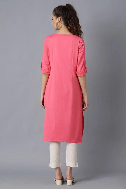 Pink Round Neck Solid kurta - wforwoman