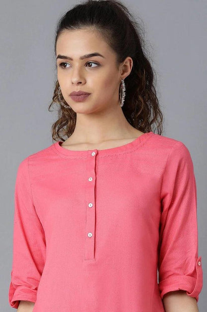 Pink Round Neck Solid kurta - wforwoman