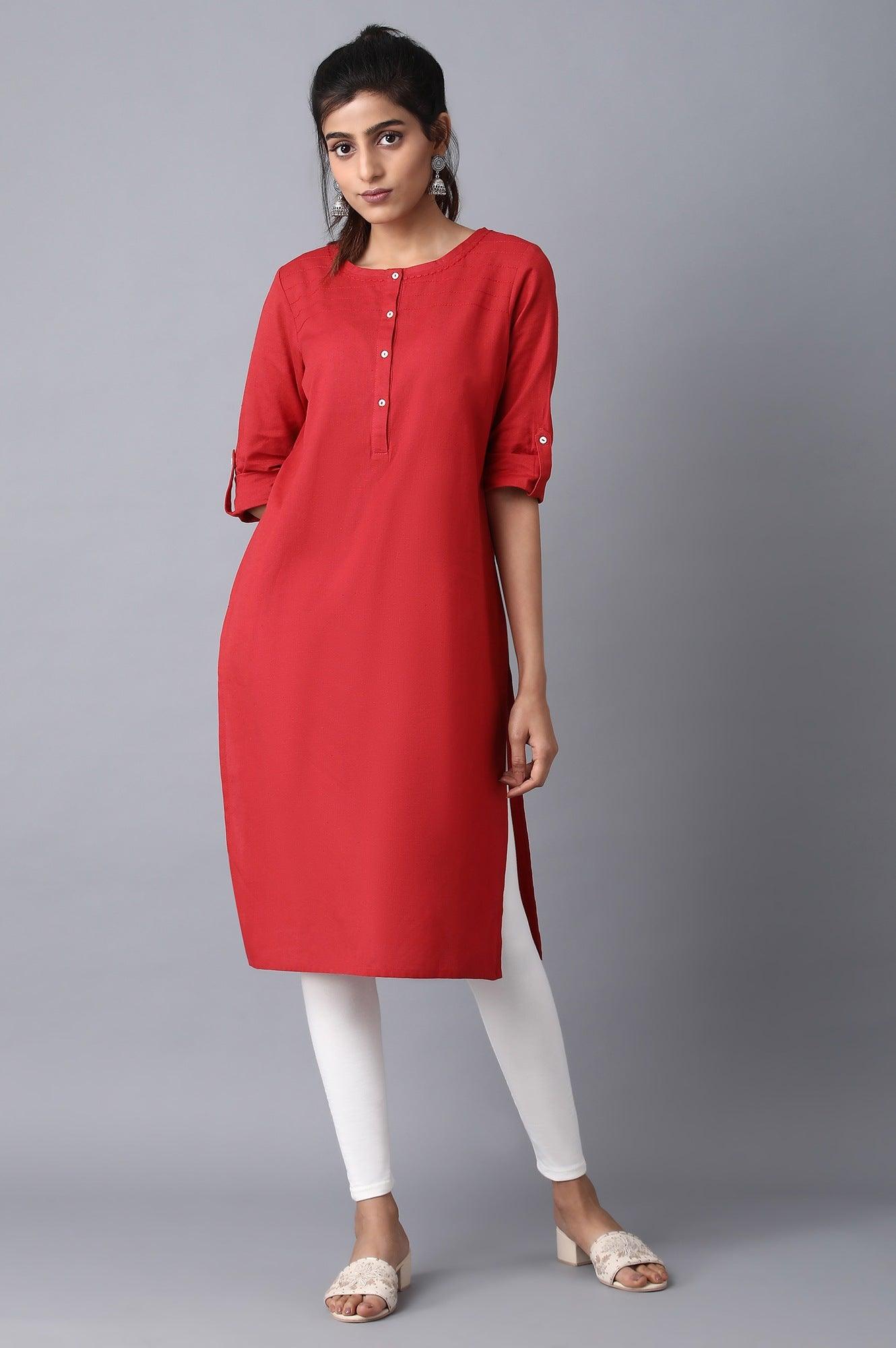 Red Round Neck Solid kurta - wforwoman
