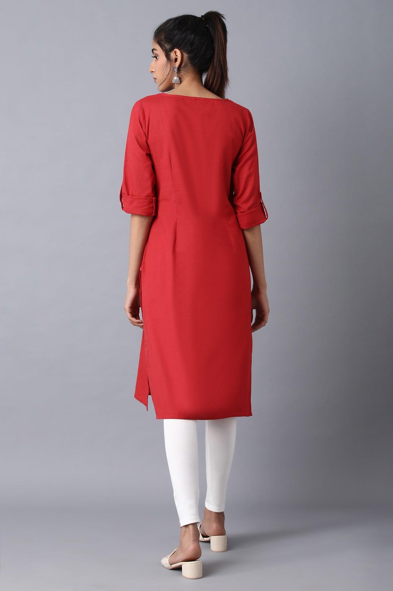 Red Round Neck Solid kurta - wforwoman