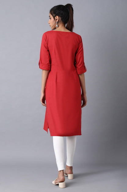 Red Round Neck Solid kurta - wforwoman