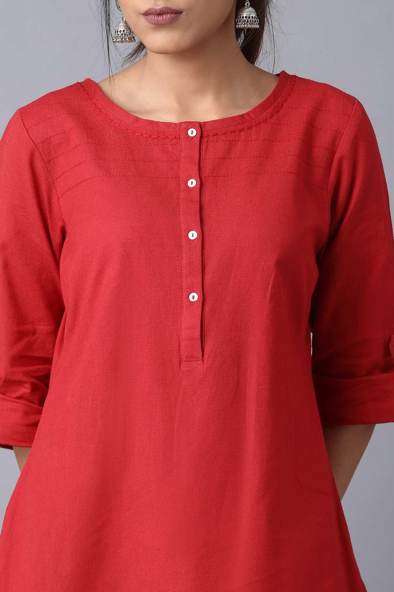 Red Round Neck Solid kurta - wforwoman