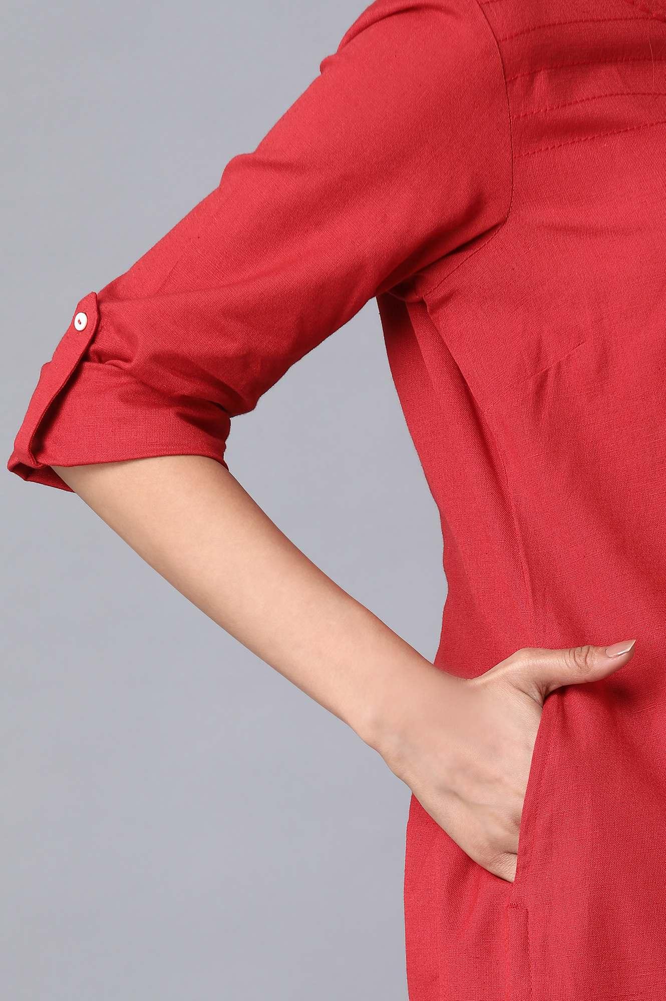 Red Round Neck Solid kurta - wforwoman