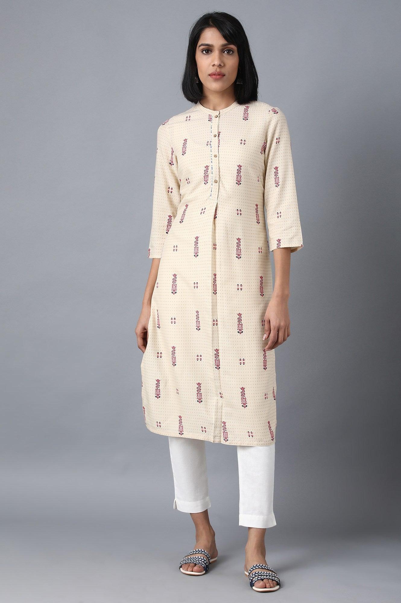 Beige Mandarin Neck Printed Shirt kurta - wforwoman