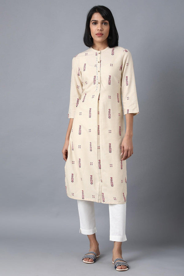 Beige Mandarin Neck Printed Shirt kurta