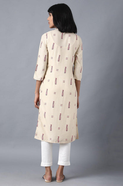 Beige Mandarin Neck Printed Shirt kurta - wforwoman