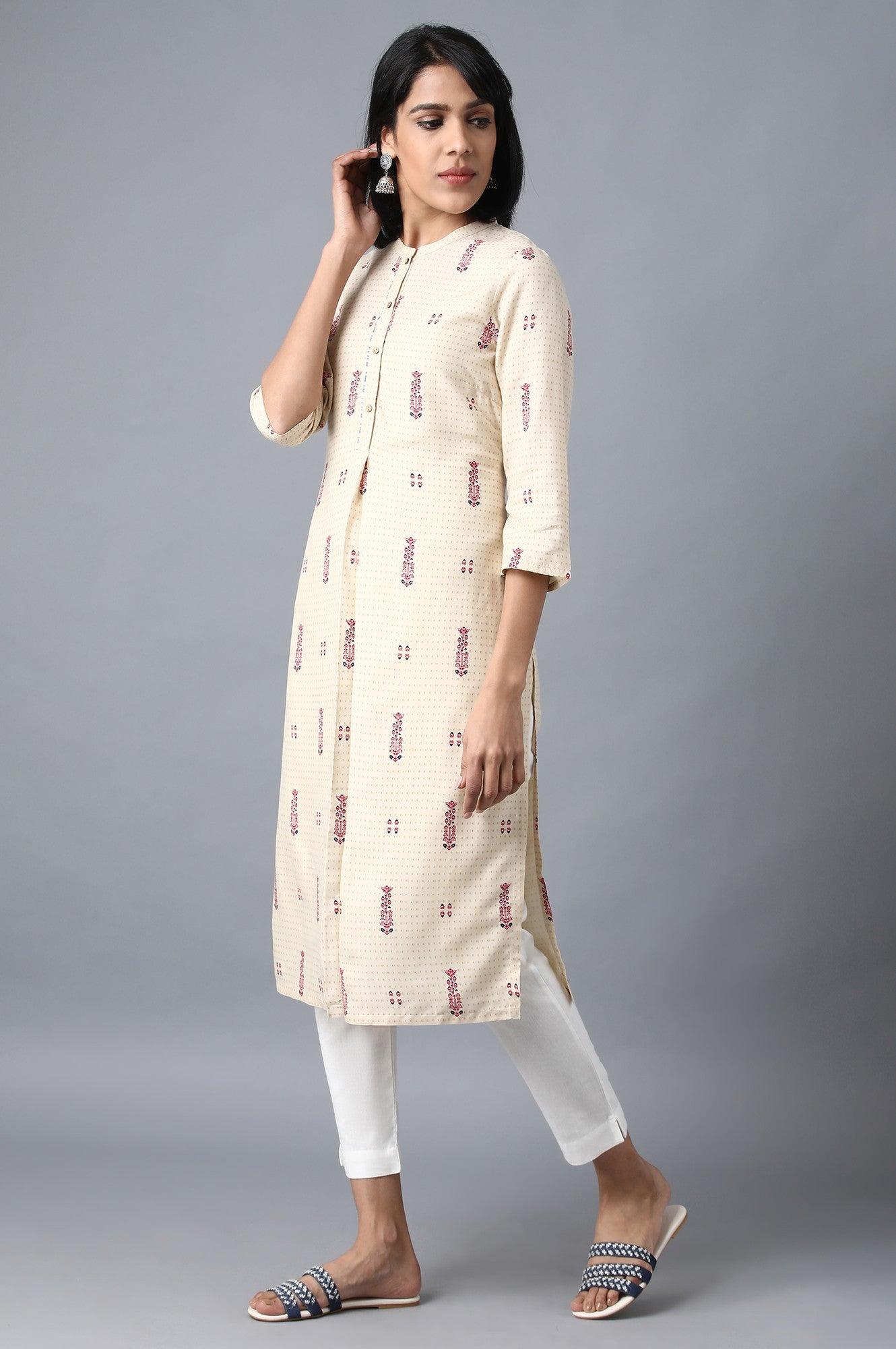 Beige Mandarin Neck Printed Shirt kurta - wforwoman