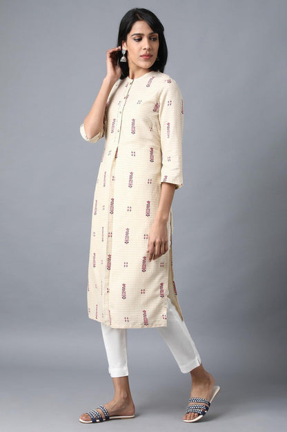 Beige Mandarin Neck Printed Shirt kurta - wforwoman