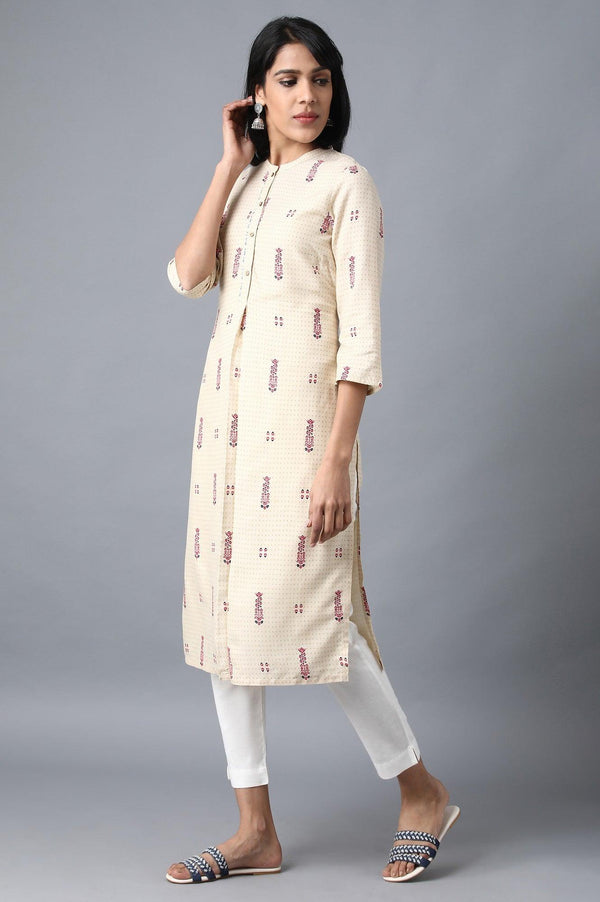 Beige Mandarin Neck Printed Shirt kurta