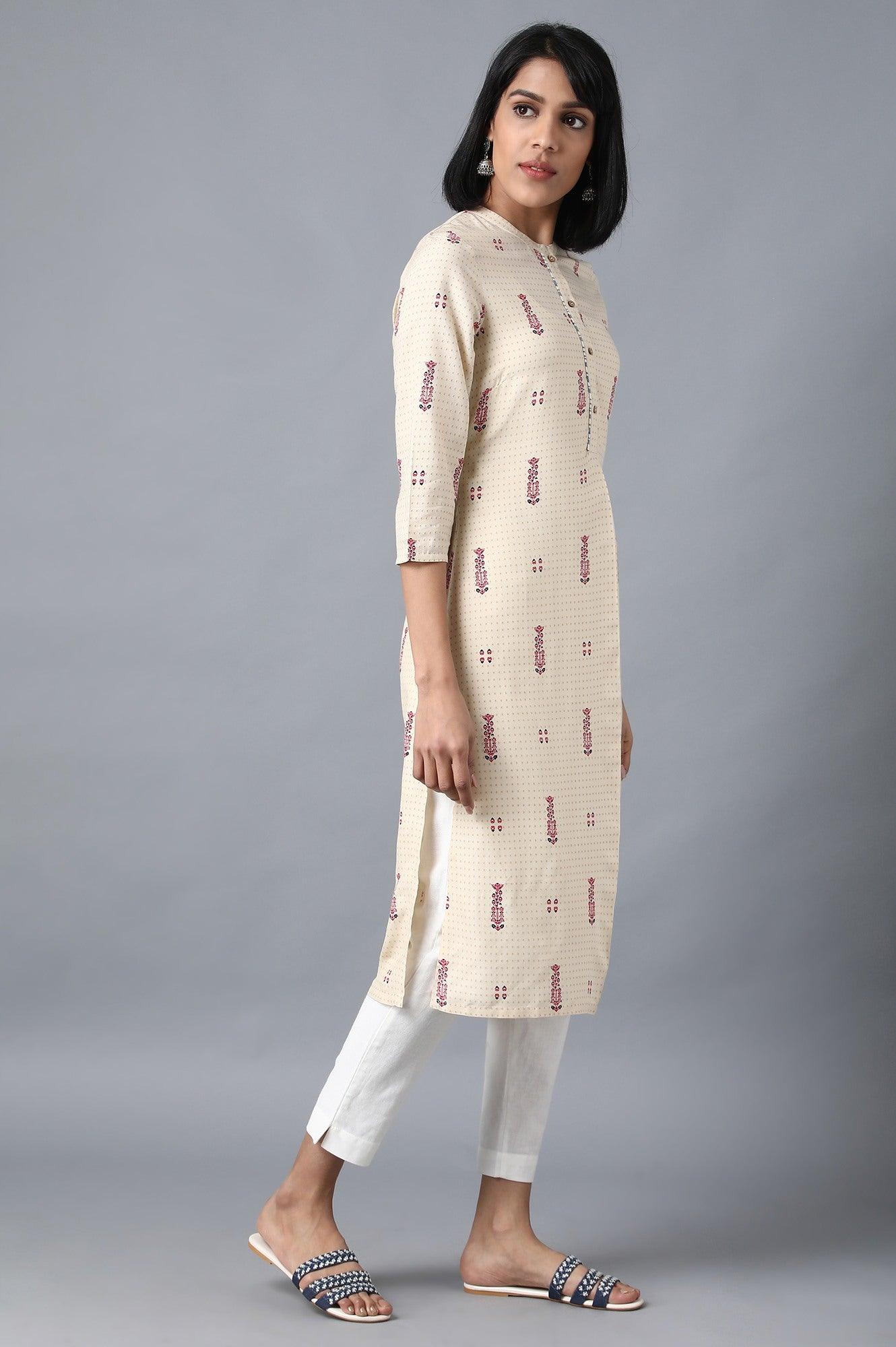 Beige Mandarin Neck Printed Shirt kurta - wforwoman