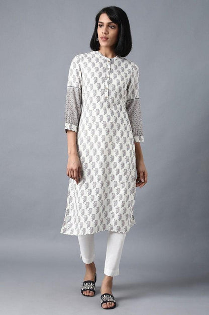 Ecru Mandarin Neck Printed kurta - wforwoman