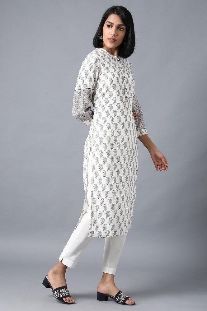 Ecru Mandarin Neck Printed kurta - wforwoman