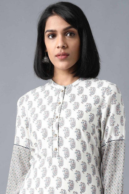 Ecru Mandarin Neck Printed kurta - wforwoman
