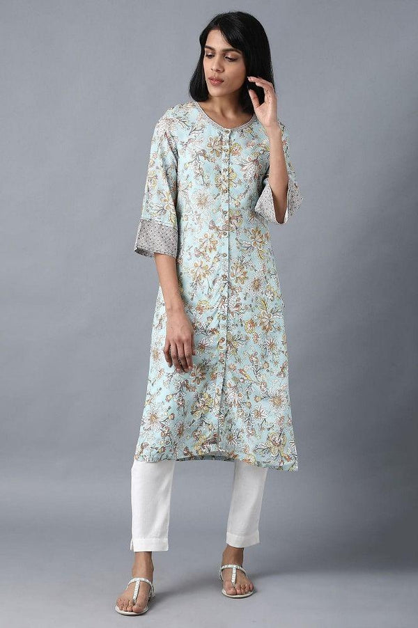 Blue Round Neck Printed kurta