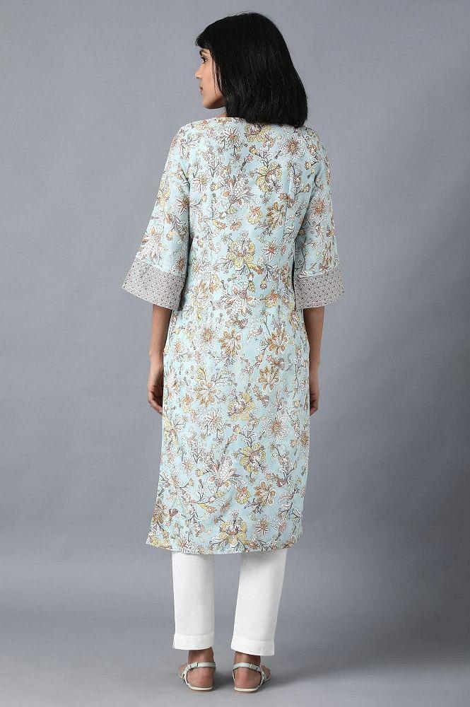 Blue Round Neck Printed kurta - wforwoman