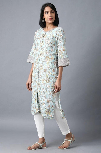 Blue Round Neck Printed kurta - wforwoman