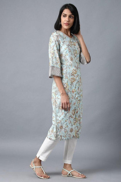 Blue Round Neck Printed kurta - wforwoman