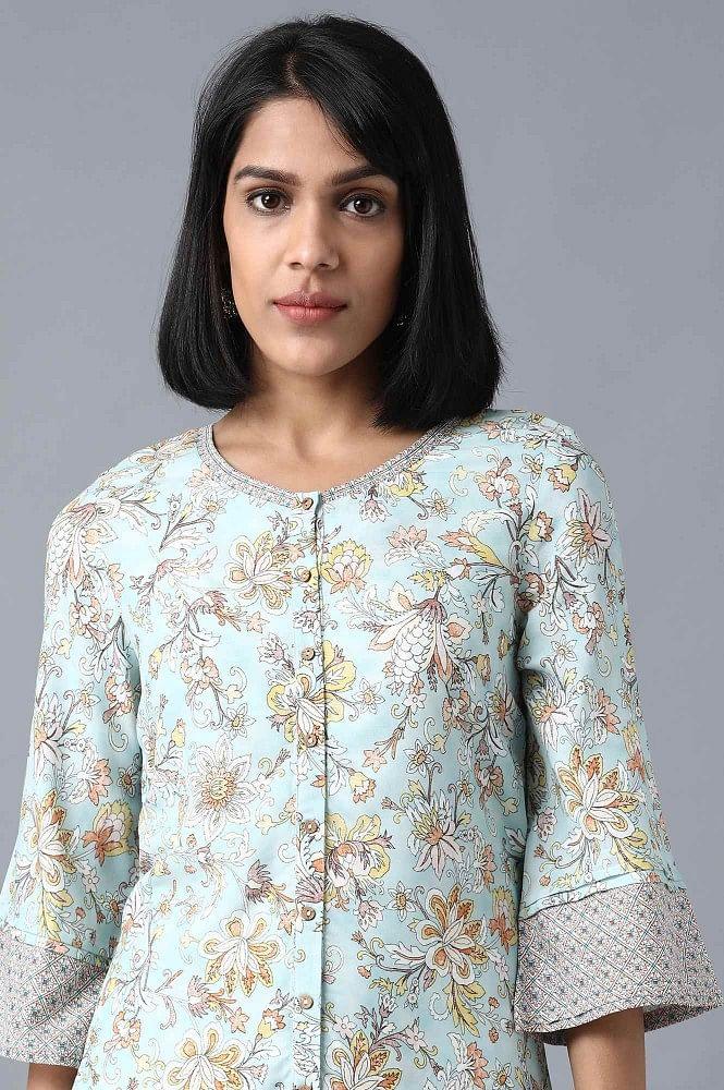Blue Round Neck Printed kurta - wforwoman