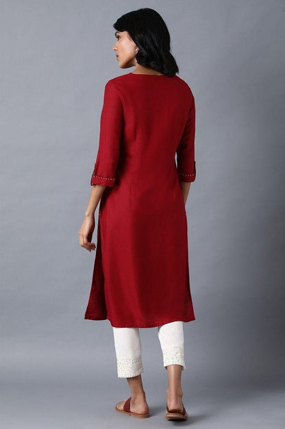 Maroon Round Neck Embroidered kurta - wforwoman