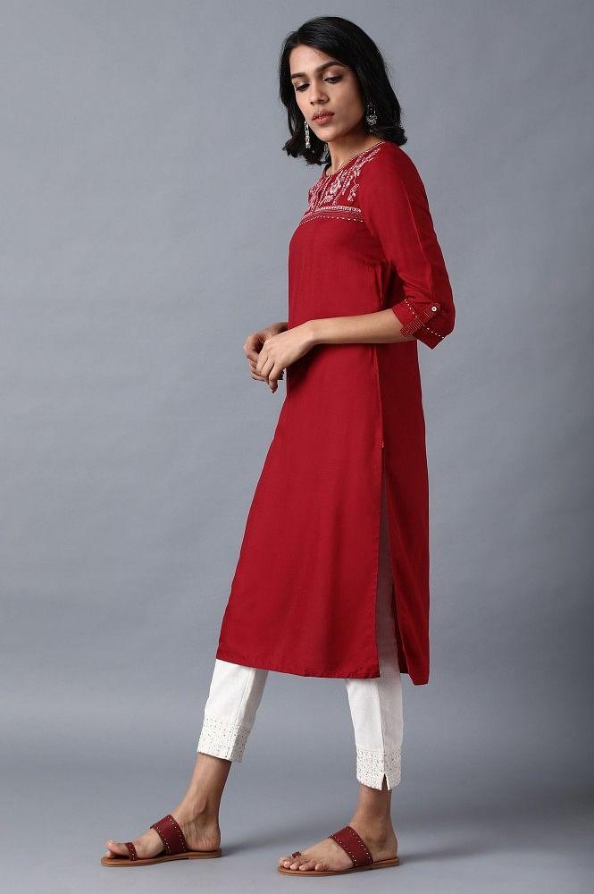 Maroon Round Neck Embroidered kurta - wforwoman