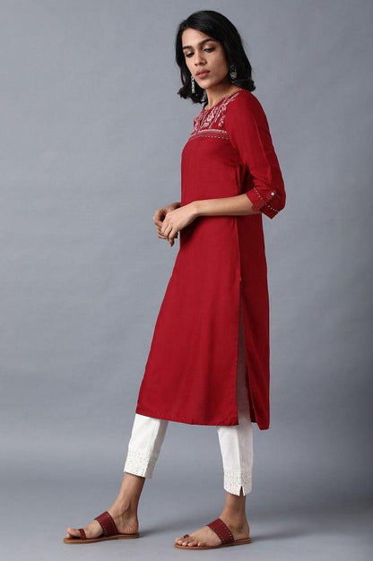Maroon Round Neck Embroidered kurta - wforwoman
