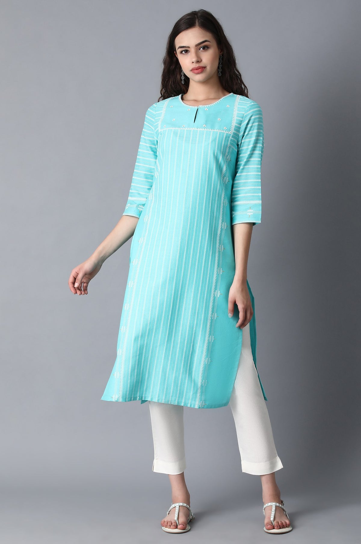 Turquoise Round Neck Printed kurta - XS