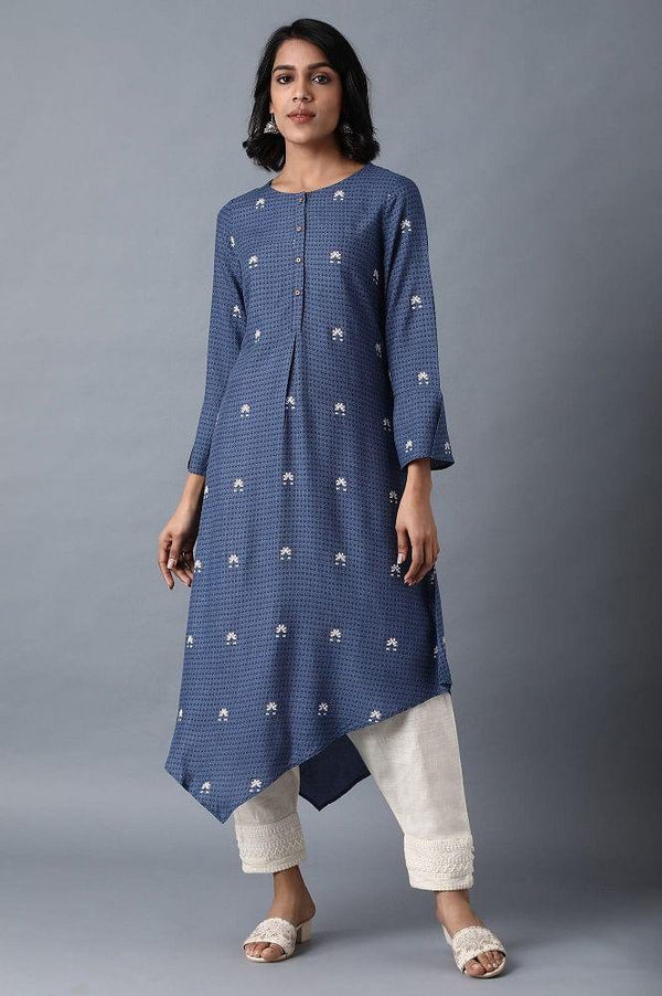 Blue Round Neck Printed kurta