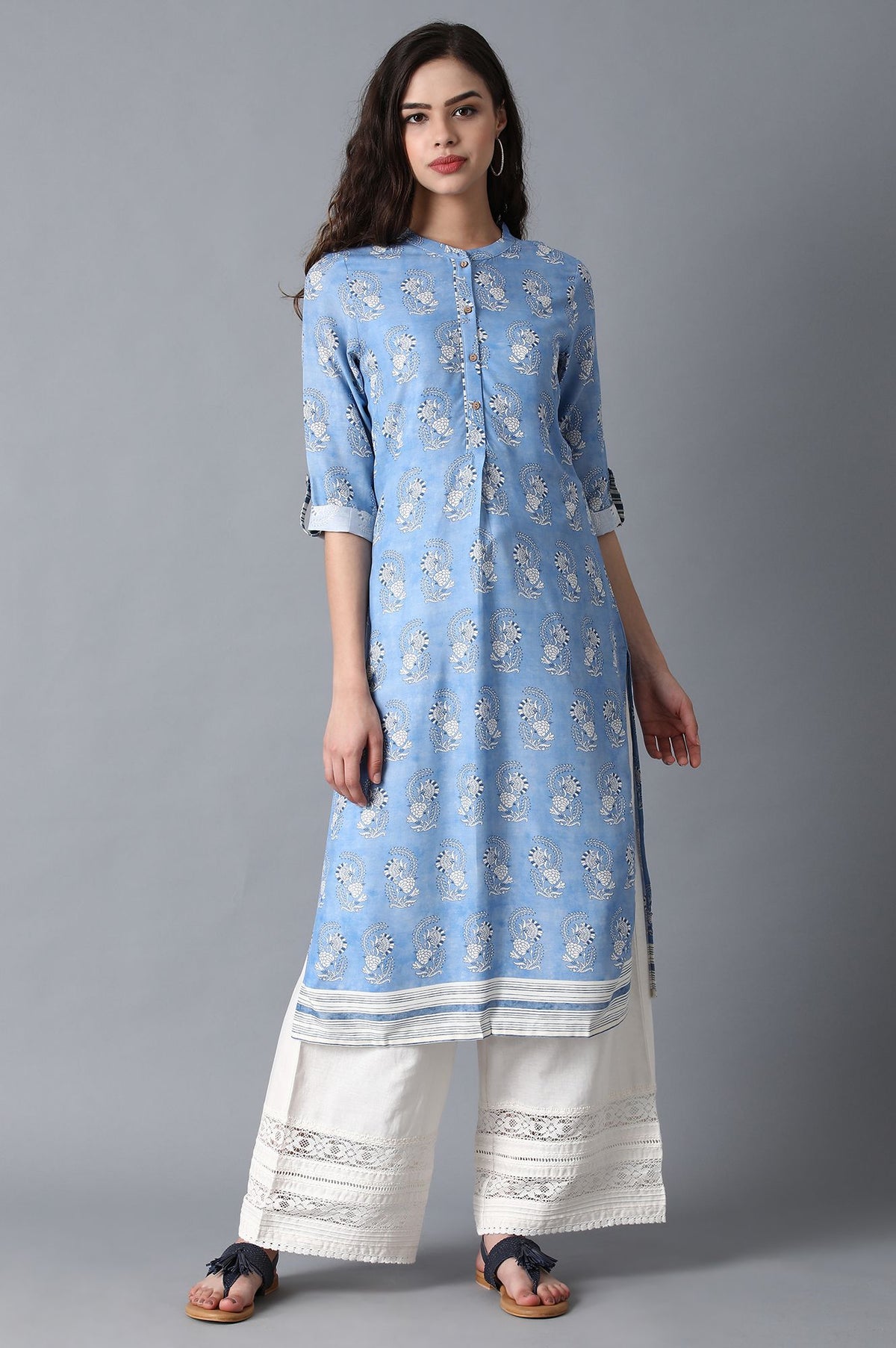 Blue Mandarin Neck Printed kurta - 6