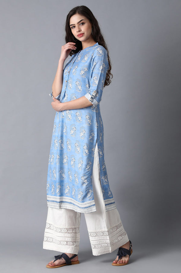Blue Mandarin Neck Printed kurta
