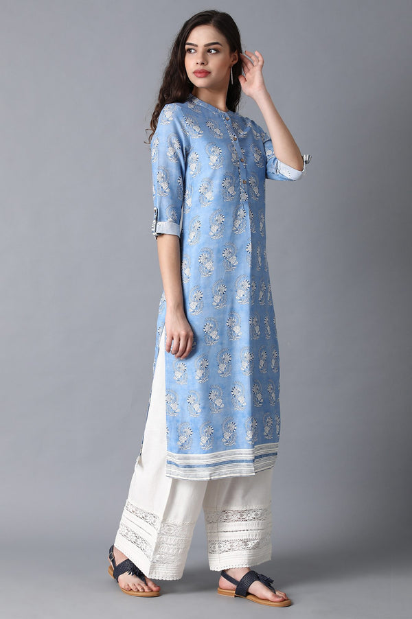 Blue Mandarin Neck Printed kurta