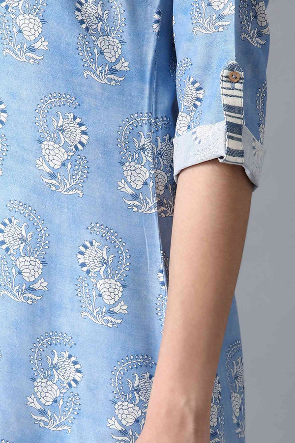 Blue Mandarin Neck Printed kurta