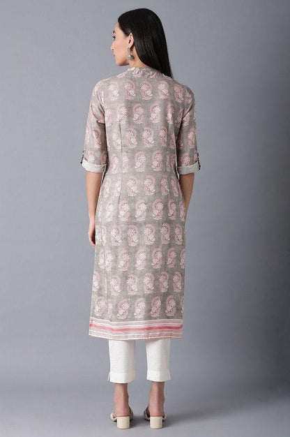 Beige Mandarin Neck Printed kurta - wforwoman