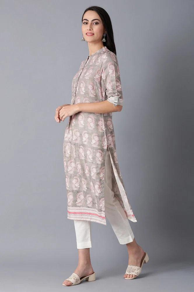 Beige Mandarin Neck Printed kurta - wforwoman