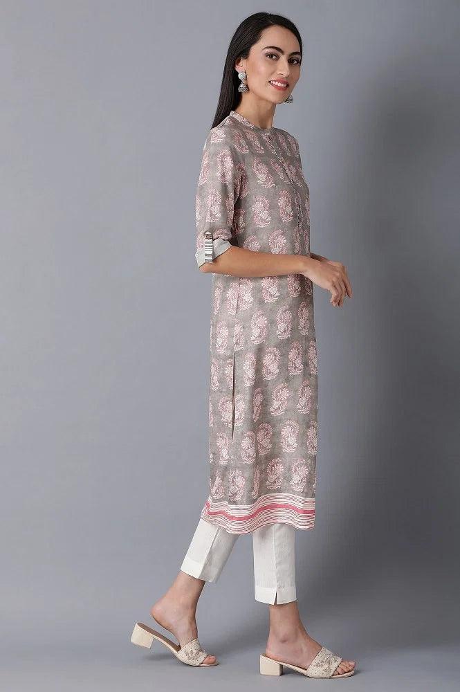 Beige Mandarin Neck Printed kurta - wforwoman