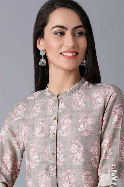 Beige Mandarin Neck Printed kurta - wforwoman