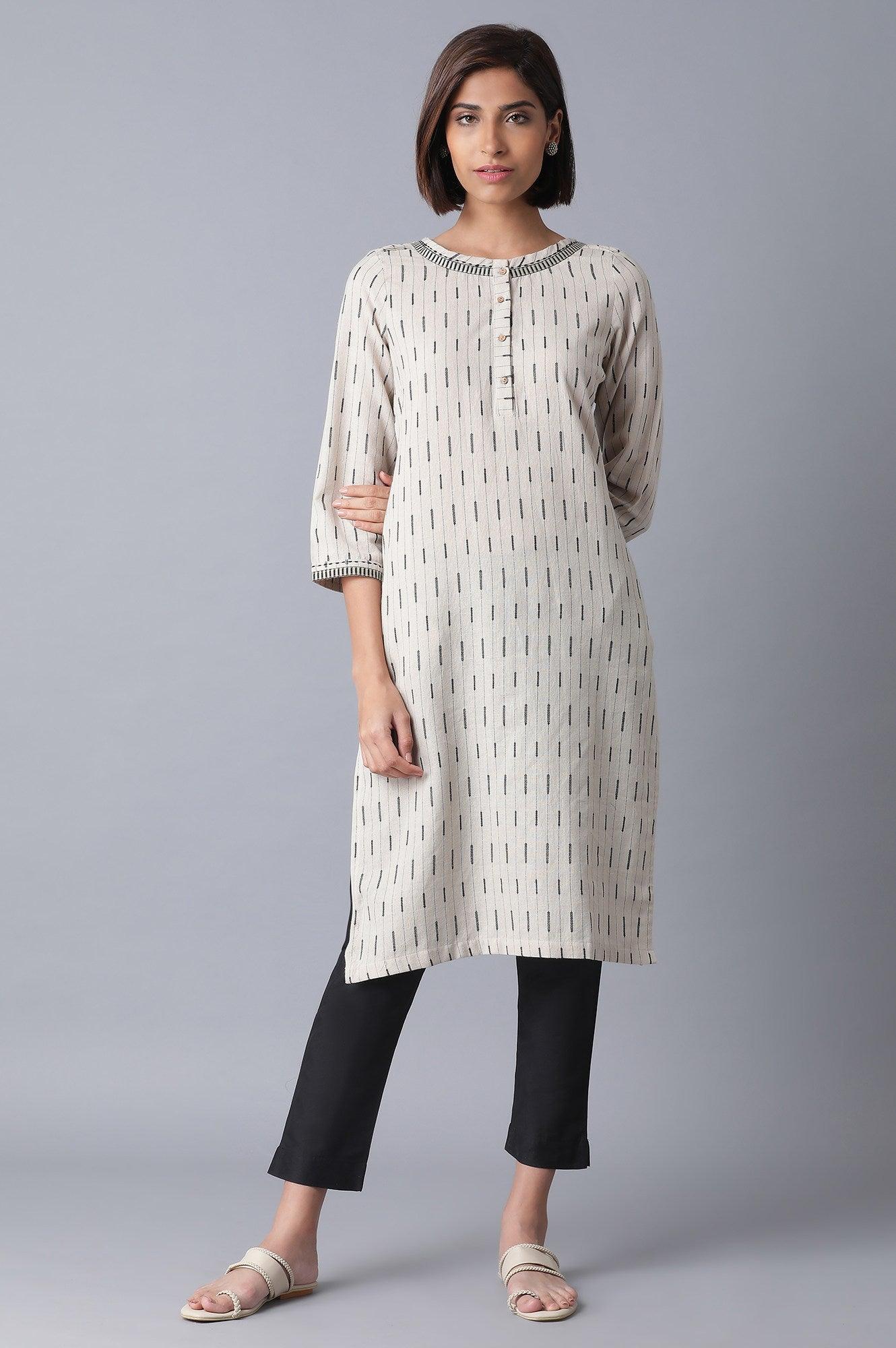 Ecru and Black Straight kurta - wforwoman