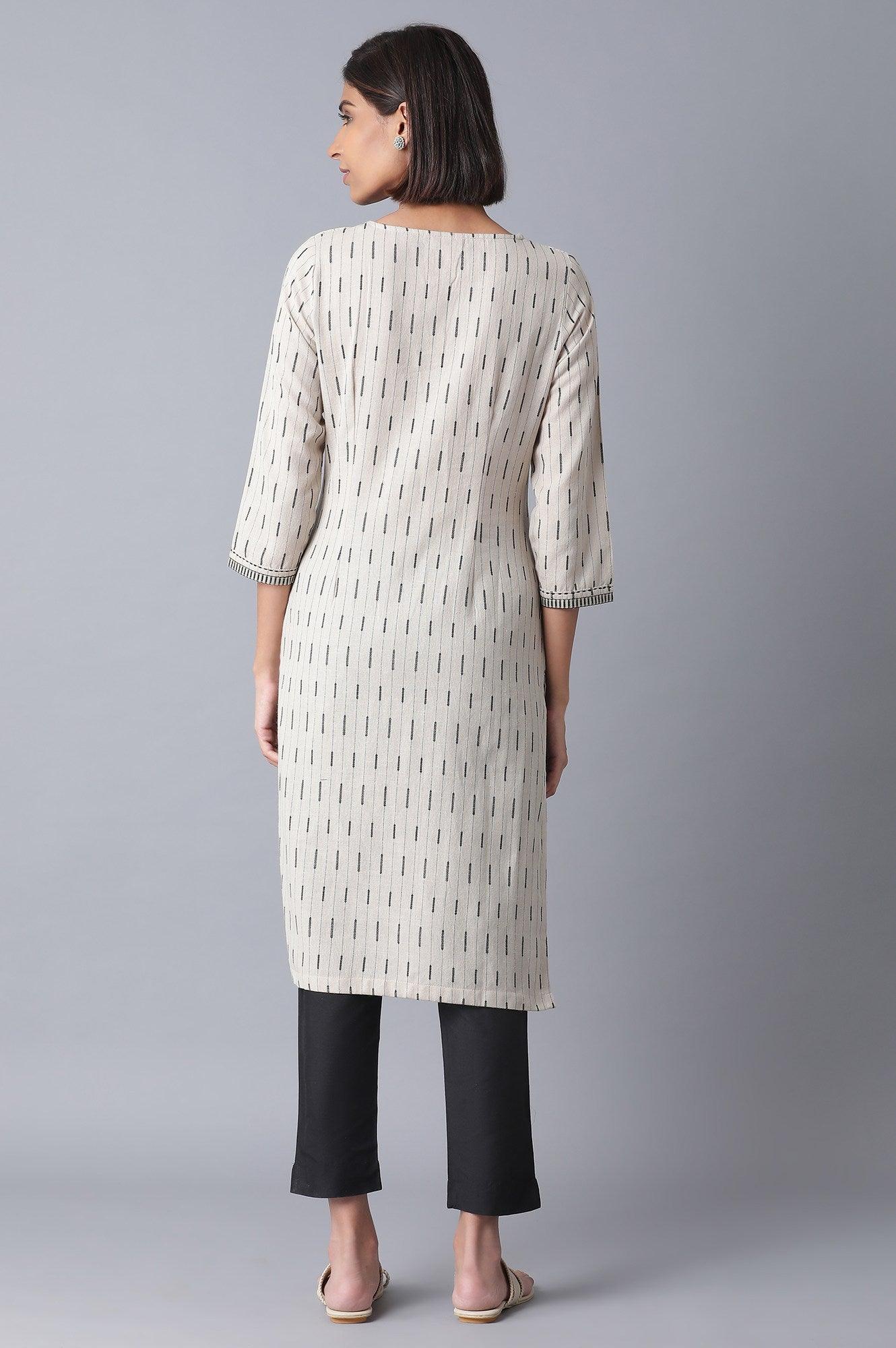 Ecru and Black Straight kurta - wforwoman
