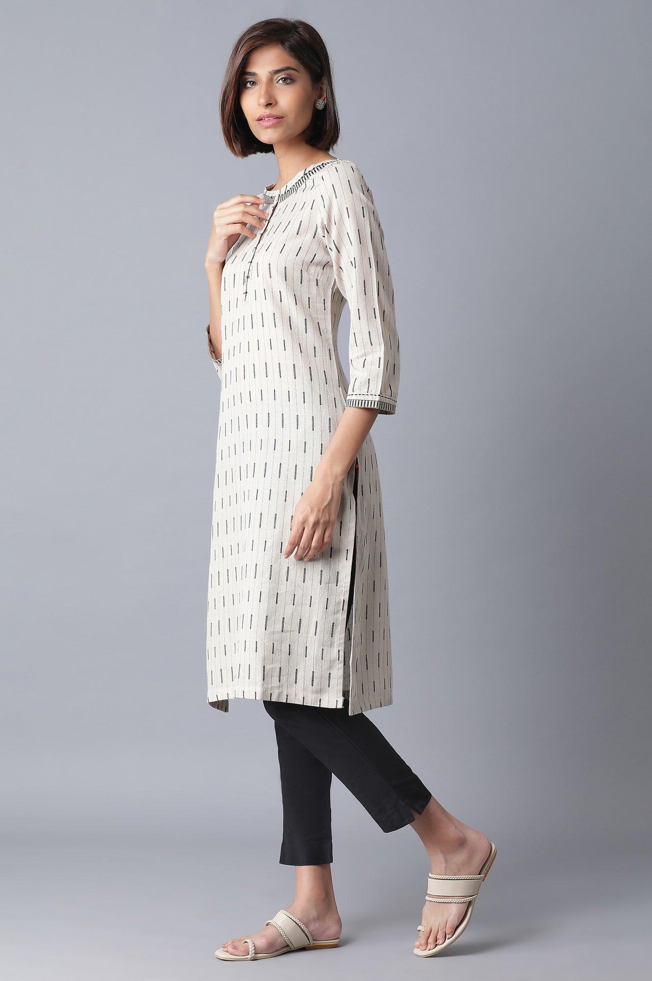 Ecru and Black Straight kurta - wforwoman