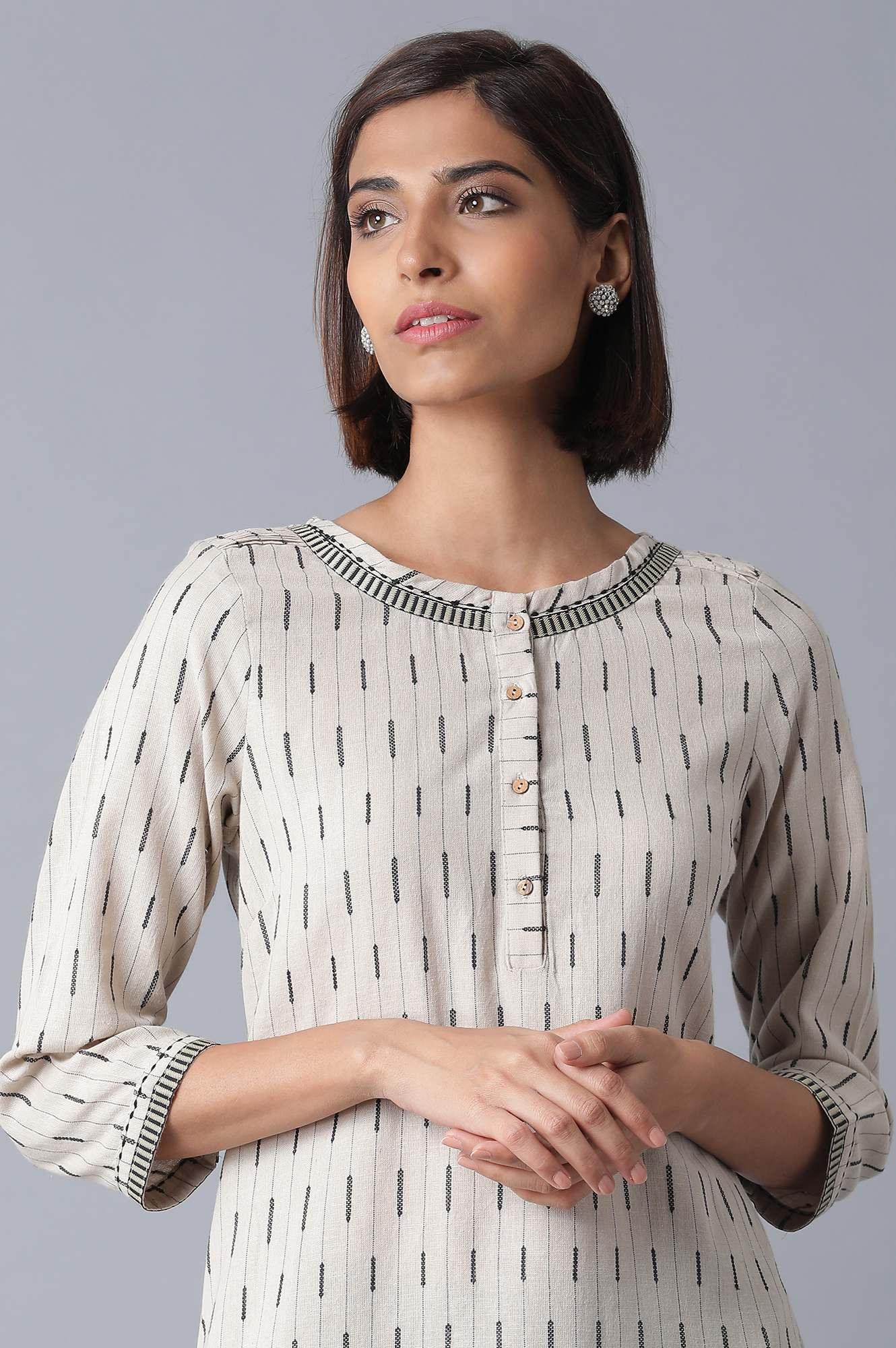 Ecru and Black Straight kurta - wforwoman