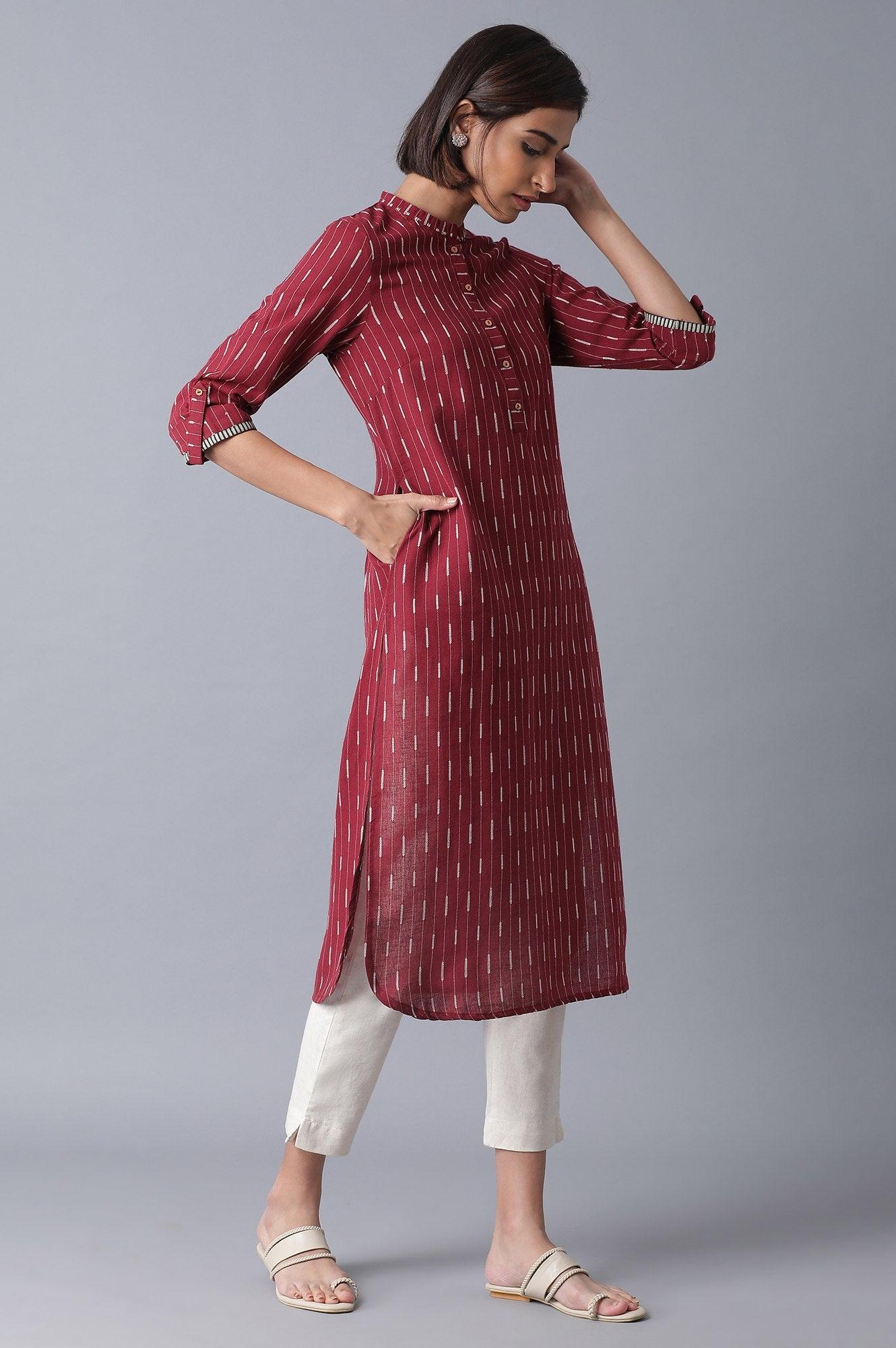 Red and Ecru Straight kurta - wforwoman