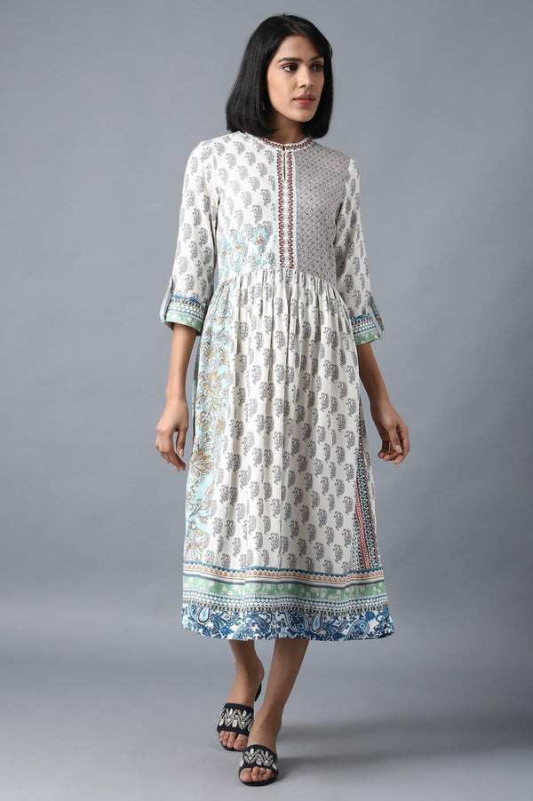Ecru Printed Gathered Dress