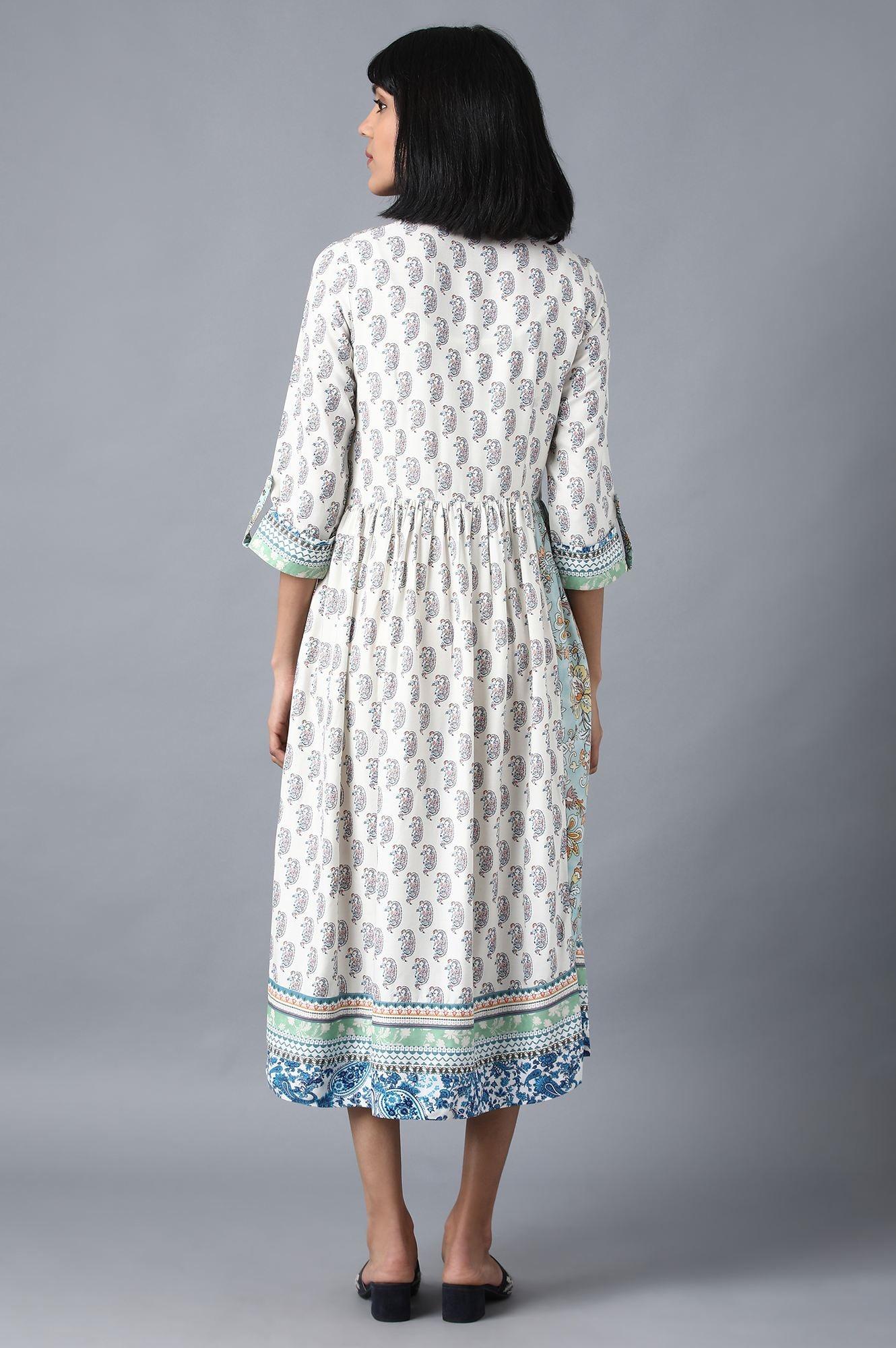 Ecru Printed Gathered Dress - wforwoman